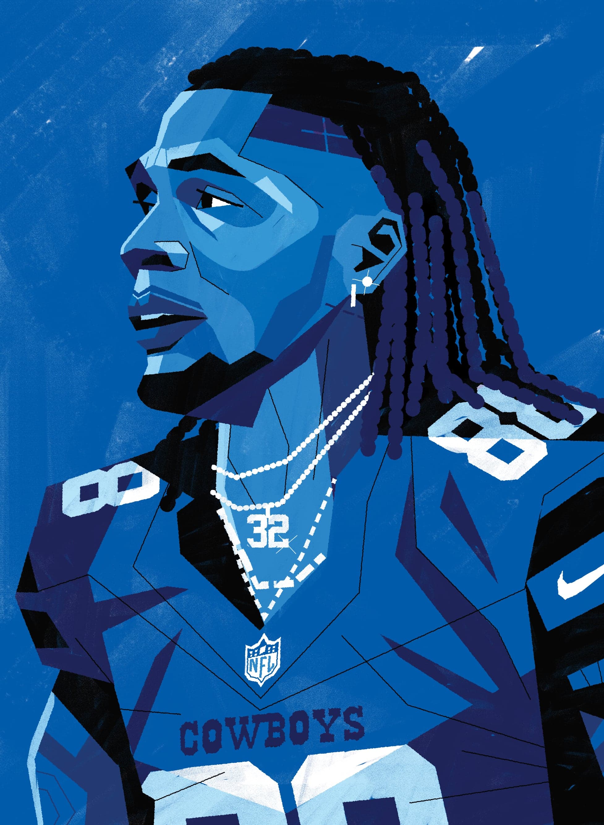 Two graphic portraits of players, one in a Cowboys #88 jersey and one in a Broncos jersey