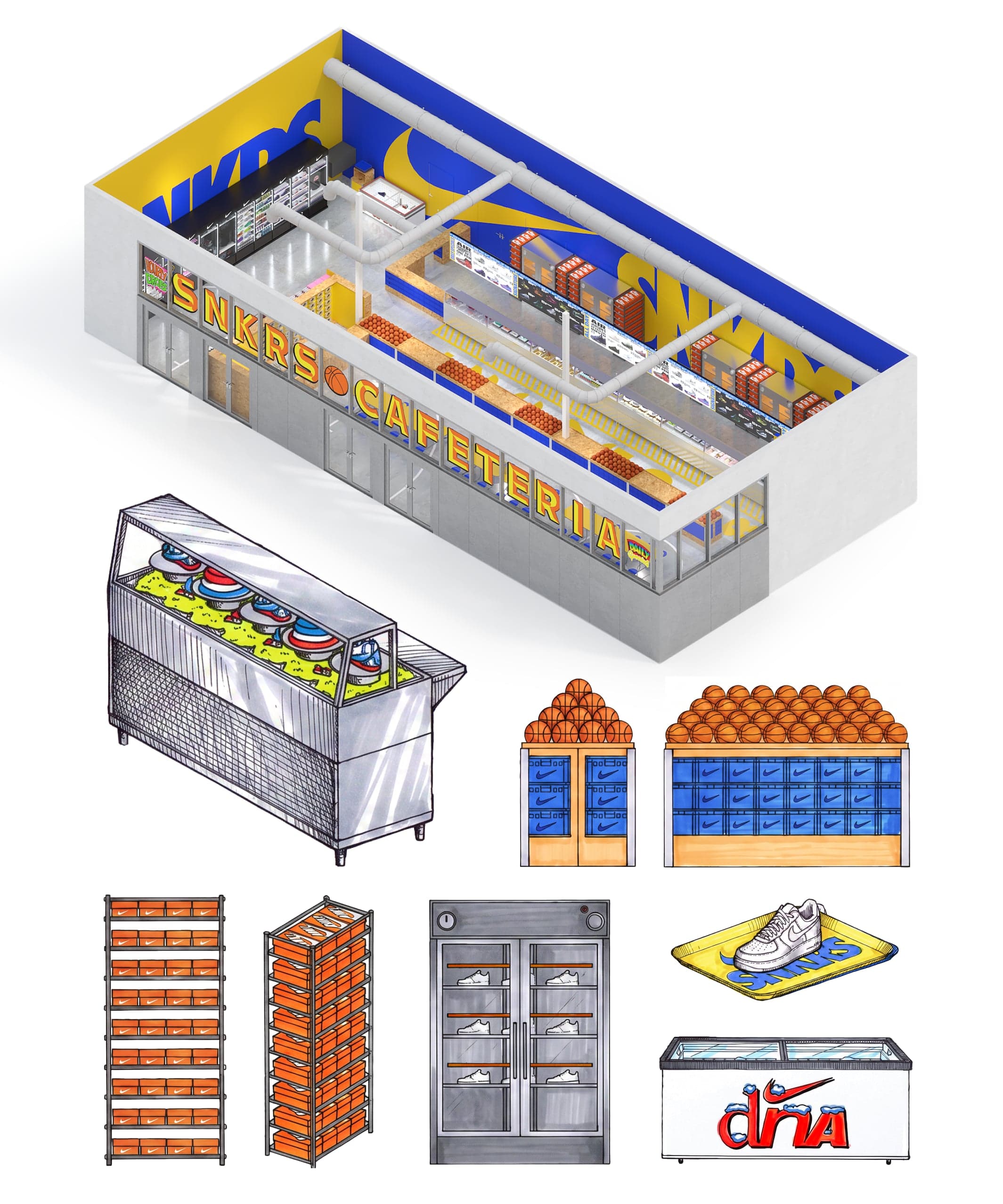 Isometric drawing of the SNKRS Cafeteria design, with its counters, shelves and signage