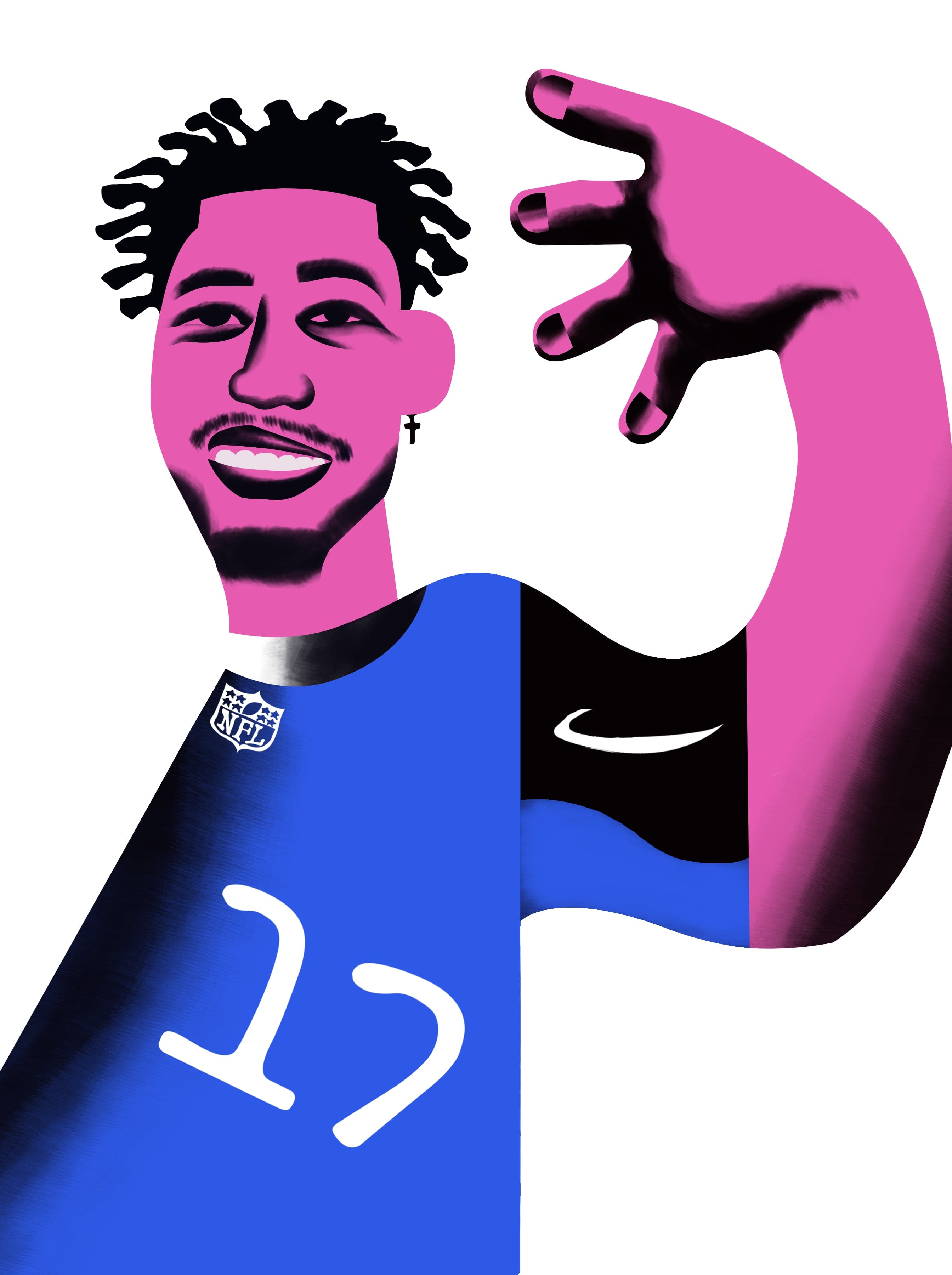 Illustrated portrait of a smiling player in a #17 jersey, one hand raised