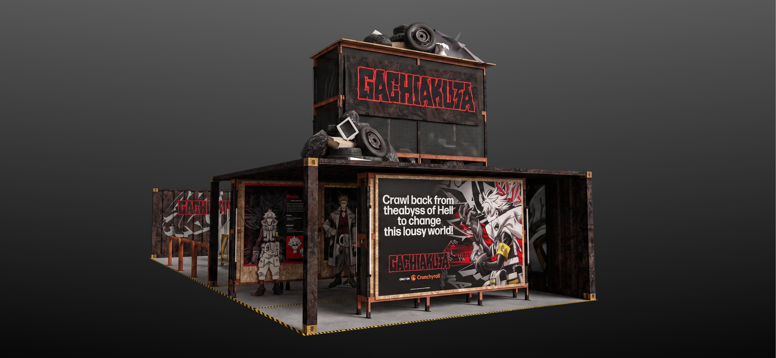 A 3D render of the booth from the corner, with a “Crawl back from the abyss of Hell” panel