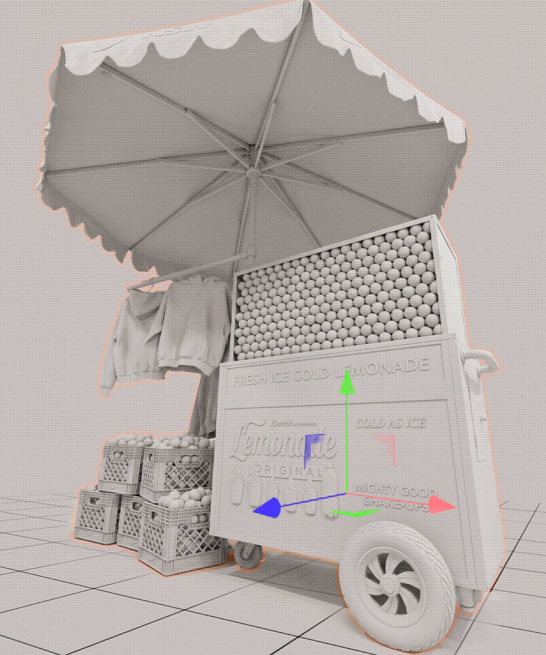 Untextured 3D model of the lemonade cart with its scalloped umbrella and crates
