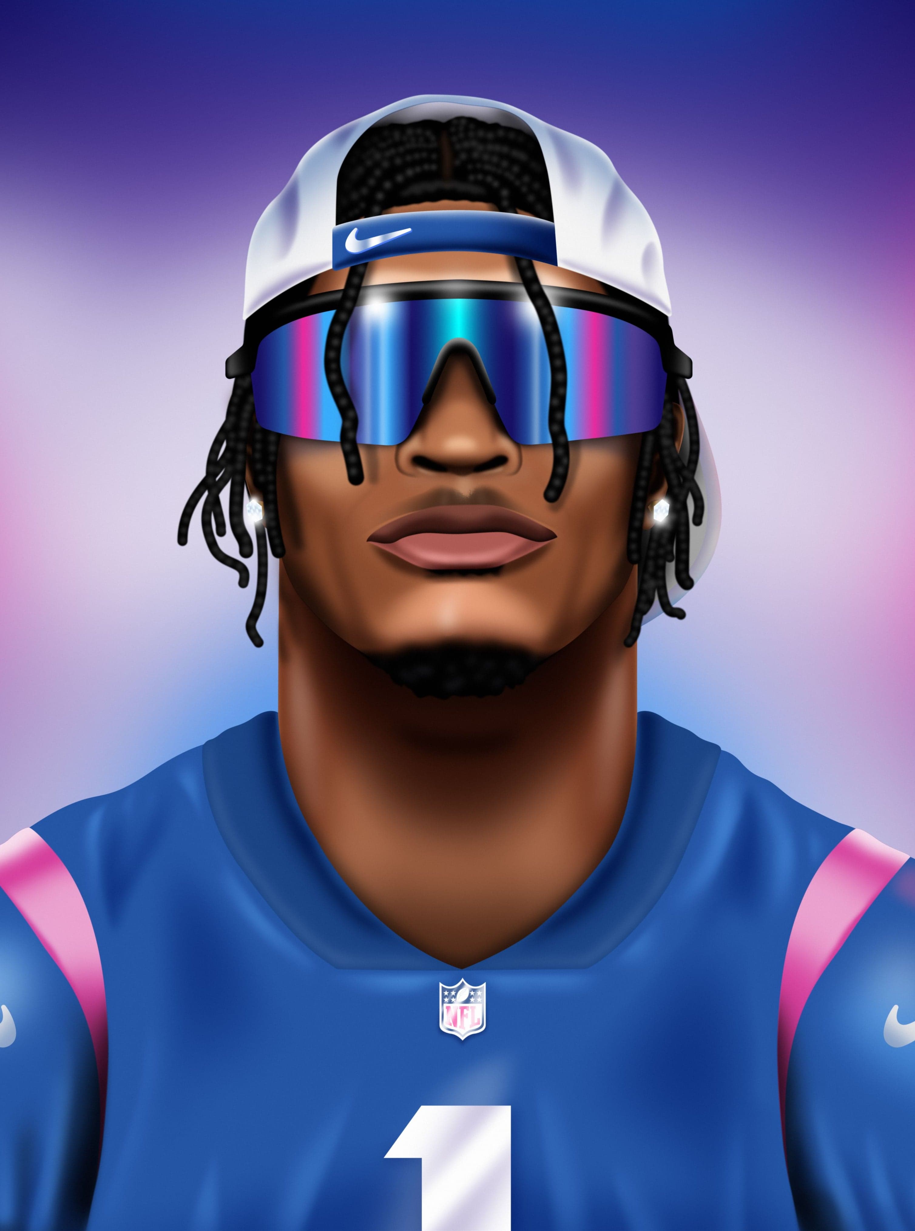 A digitally painted portrait of a player in visor sunglasses and a blue #1 jersey