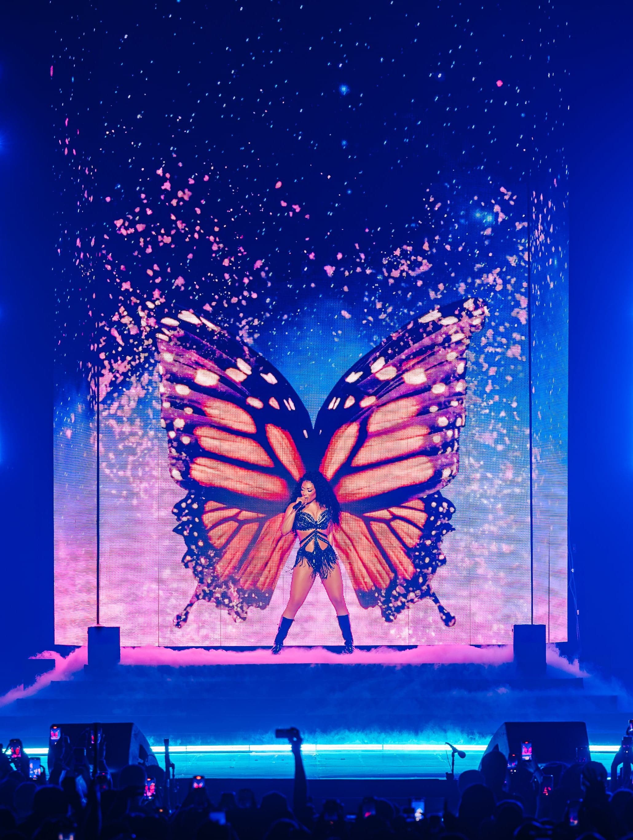 The artist in giant orange butterfly wings on the blue-lit stage, sparks rising on the screens behind
