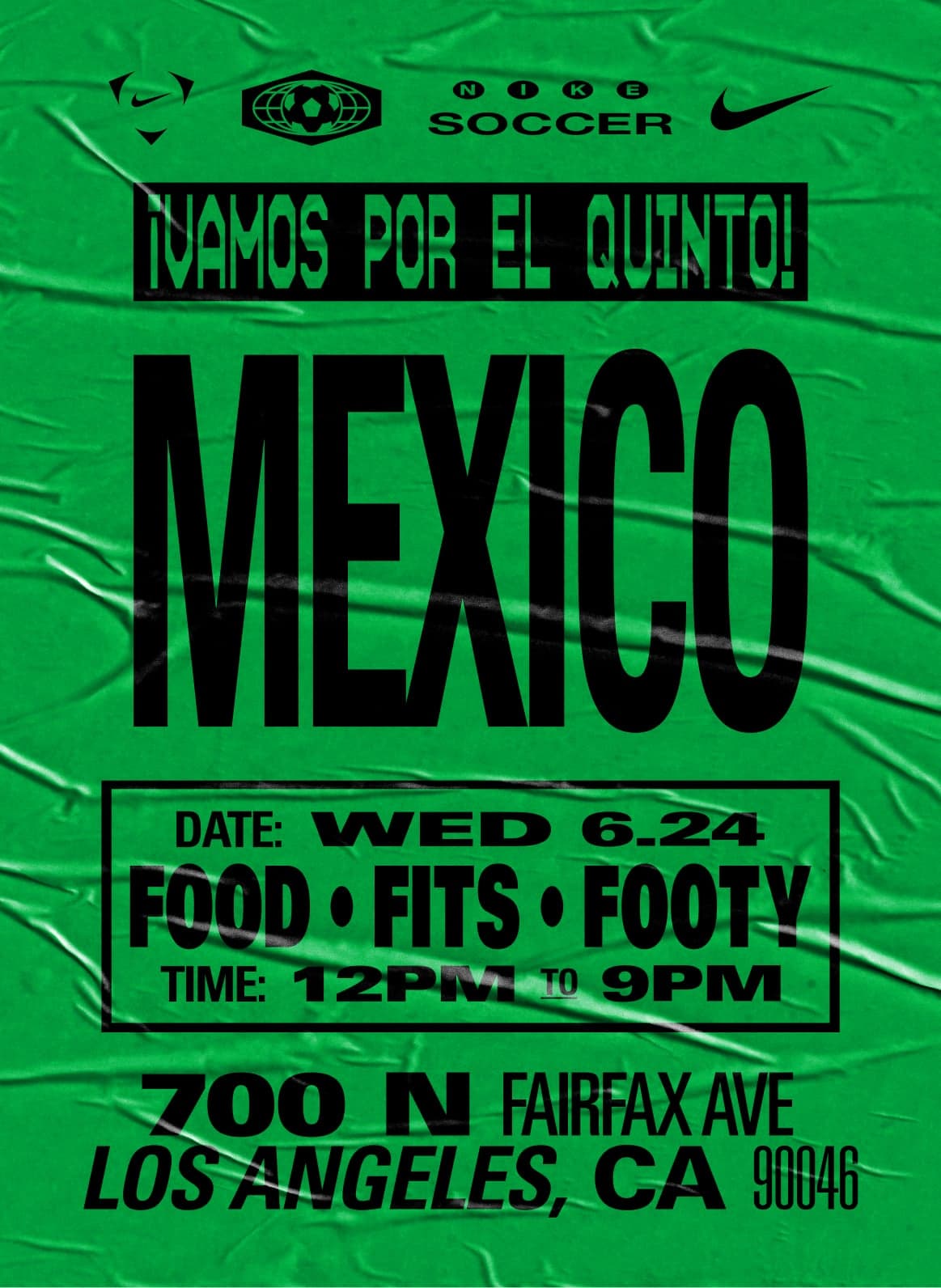 Green poster for the Mexico match watch party: food, fits and footy