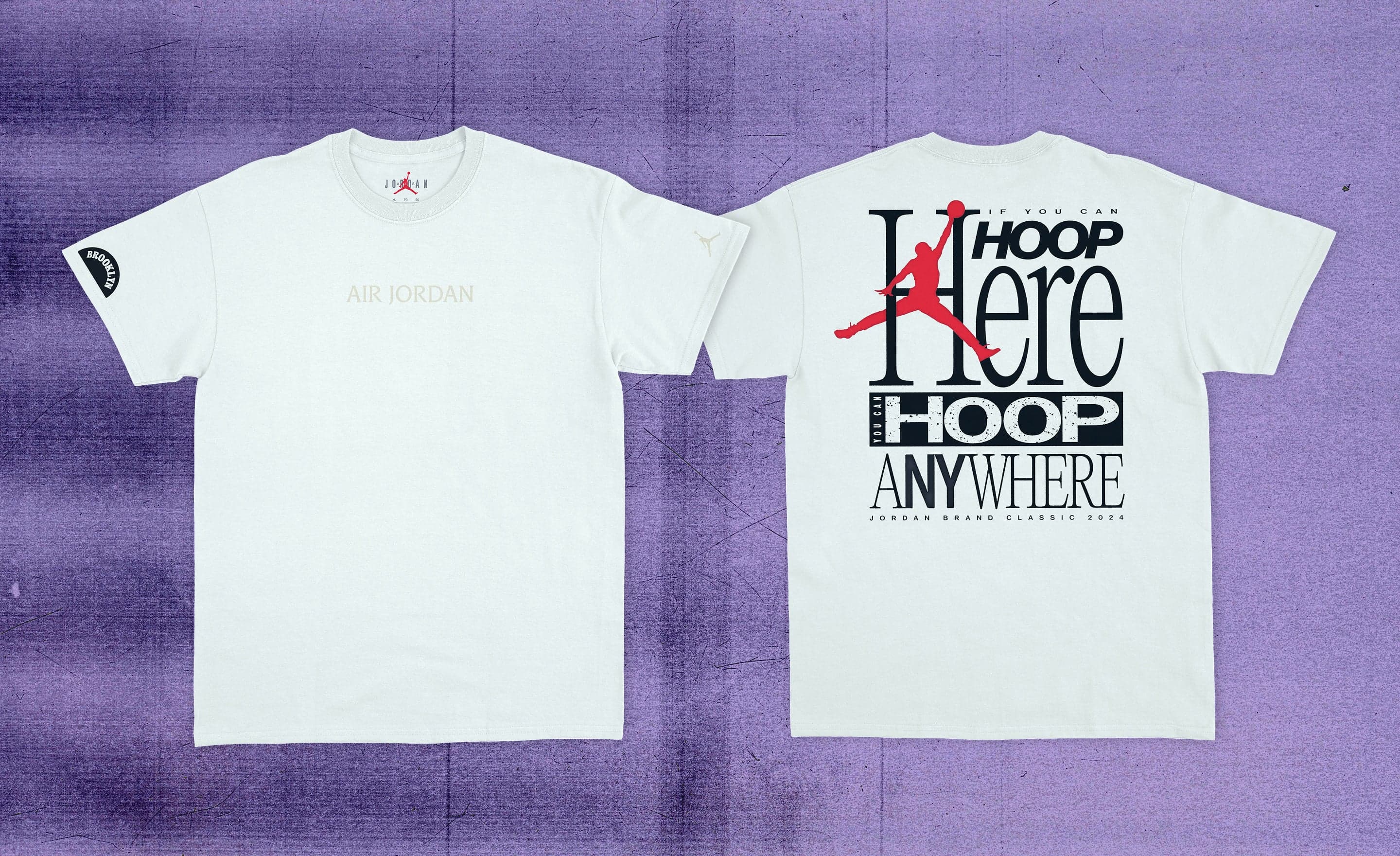 Two white T-shirts on a purple photocopied texture, the back printed “Hoop here, hoop anywhere” with a red Jumpman
