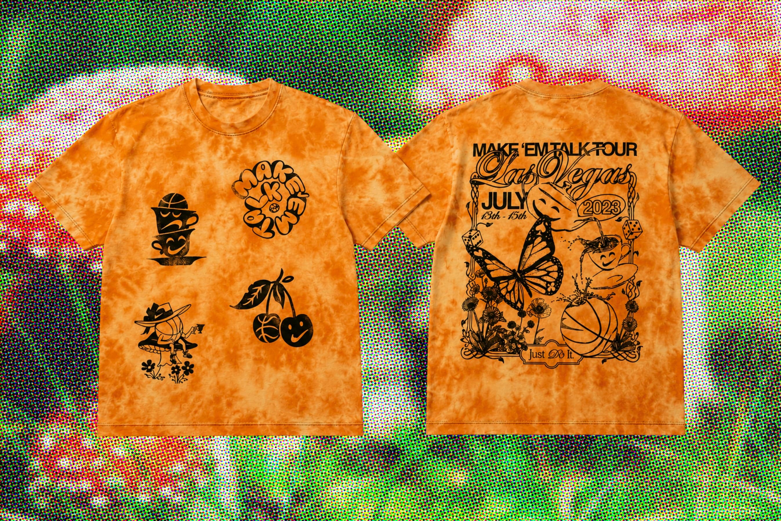 Two orange tie-dye Make ’Em Talk Tour tees on a mushroom-field background