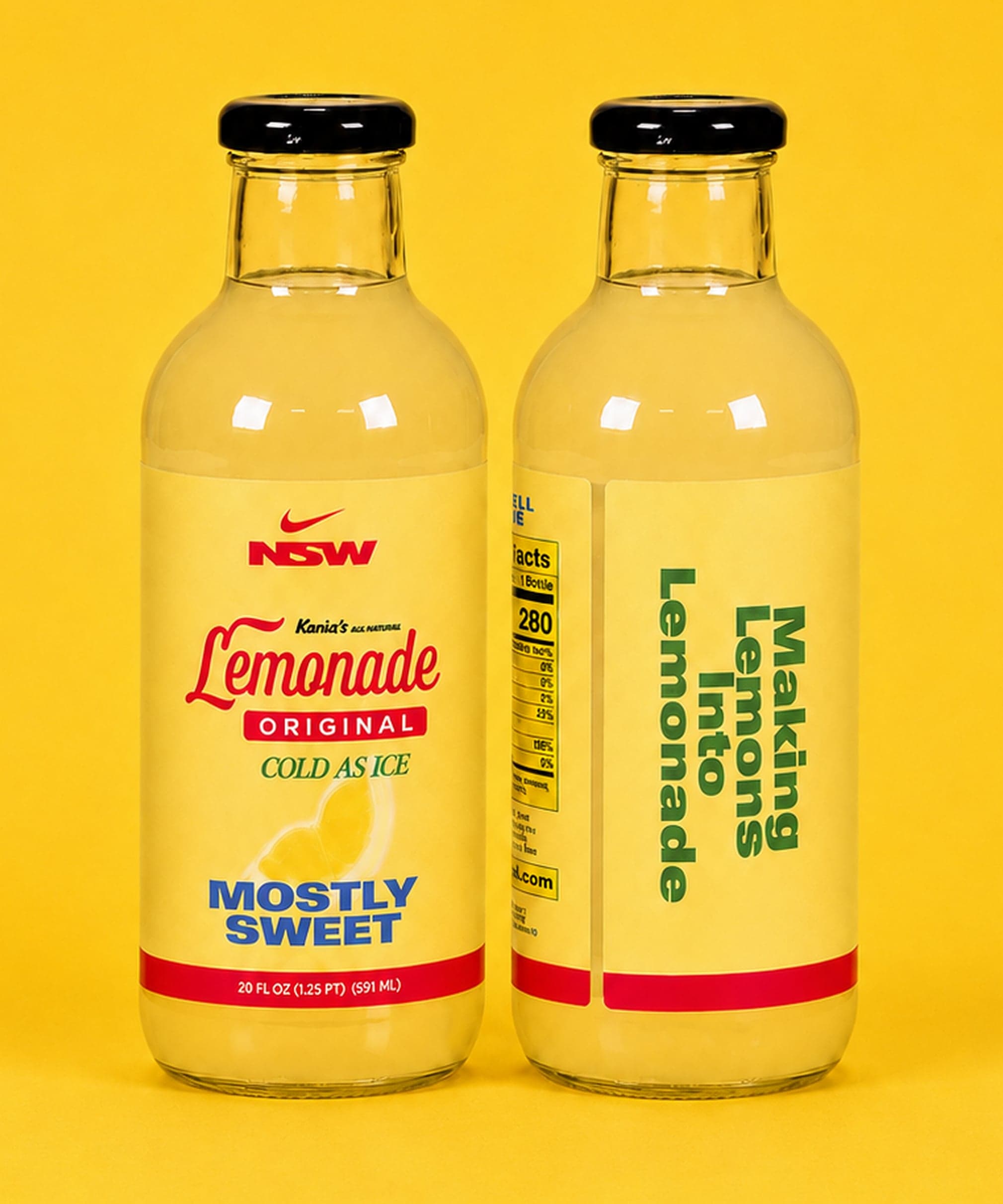Two bottles of Karina’s lemonade, labelled “Mostly Sweet”, on a yellow background