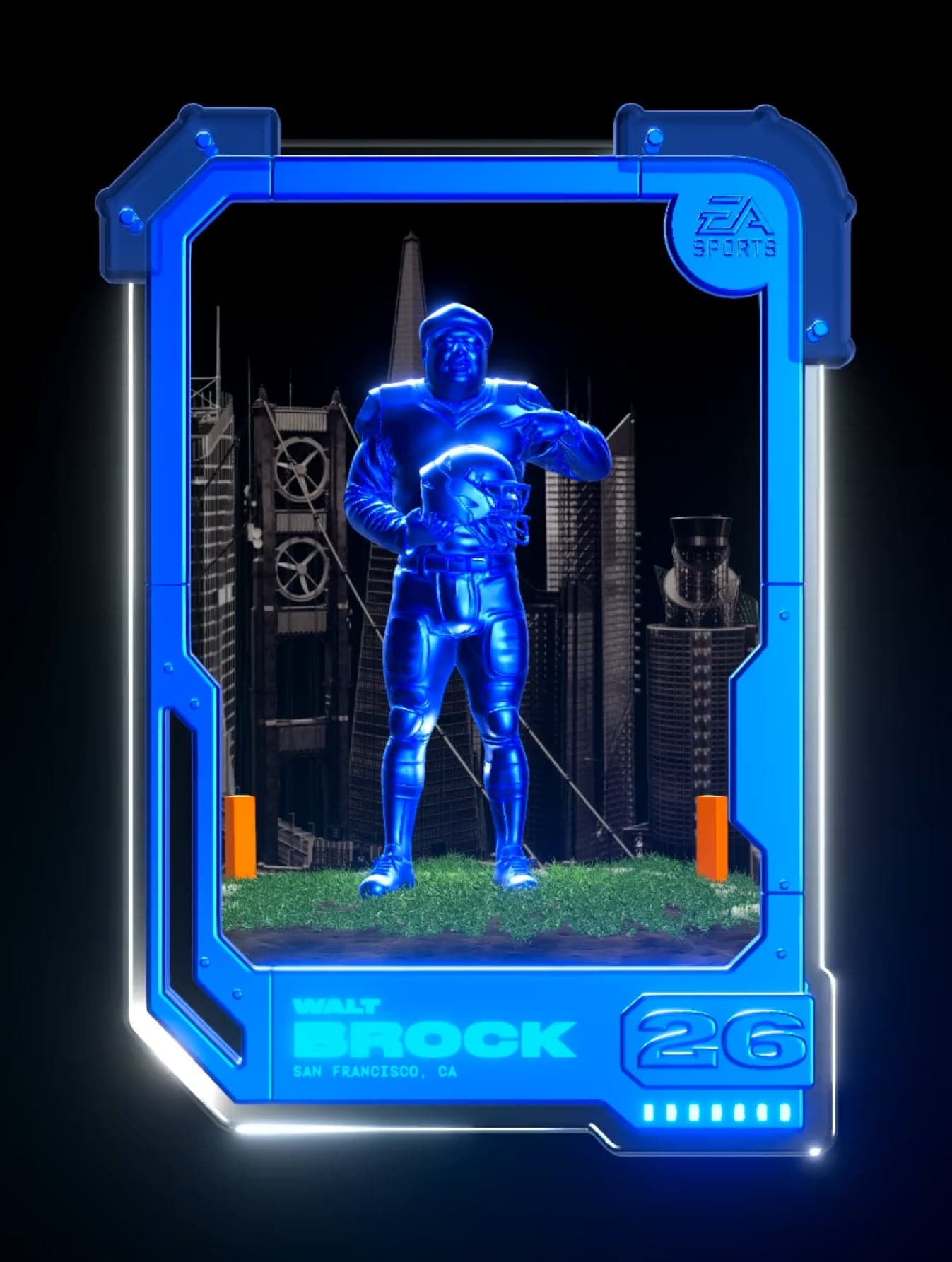 A digital player card showing a chrome-blue 3D player in front of a city skyline