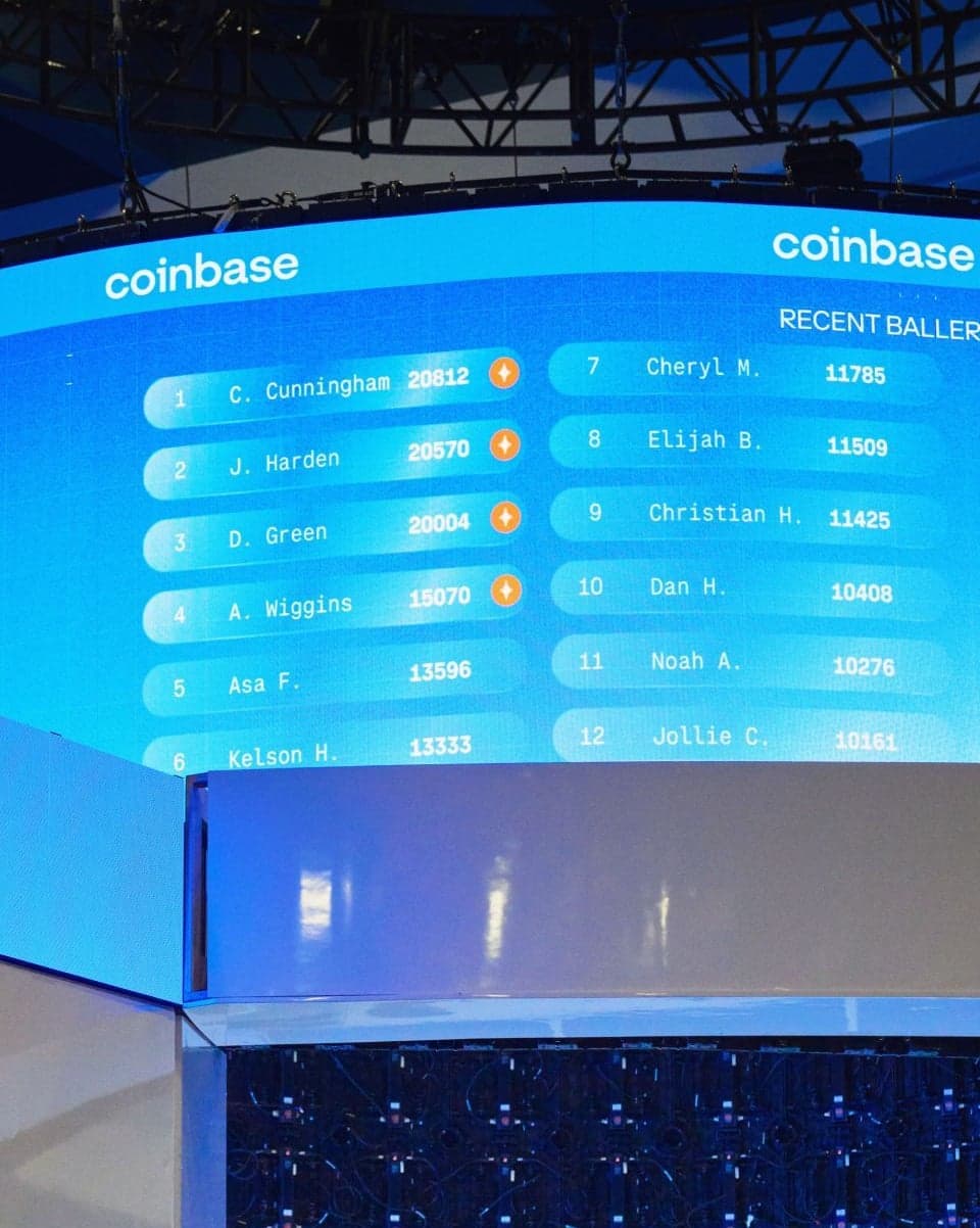 The Coinbase Arena leaderboard of top scores on the curved LED screen